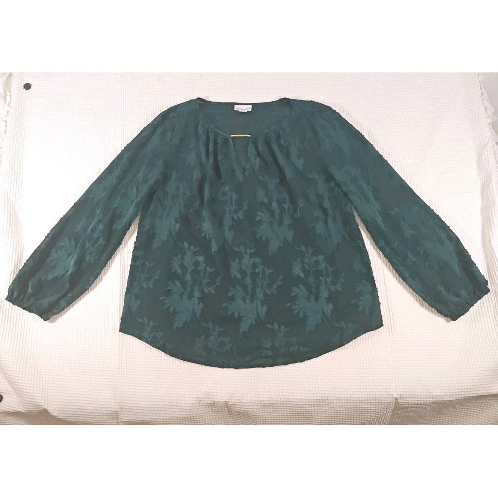 Liz Claiborne Women's Large Emerald Burnout Floral Textured Blouse Long Sleeve